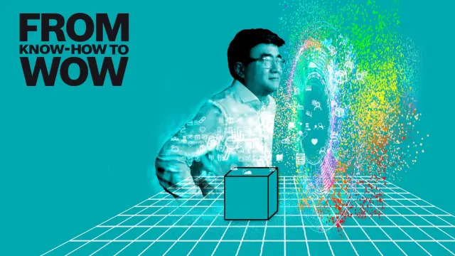 Bosch-Forscher Liu Ren schaut auf eine Datenvisualisierung. Er ist von fliegenden Icons umgeben