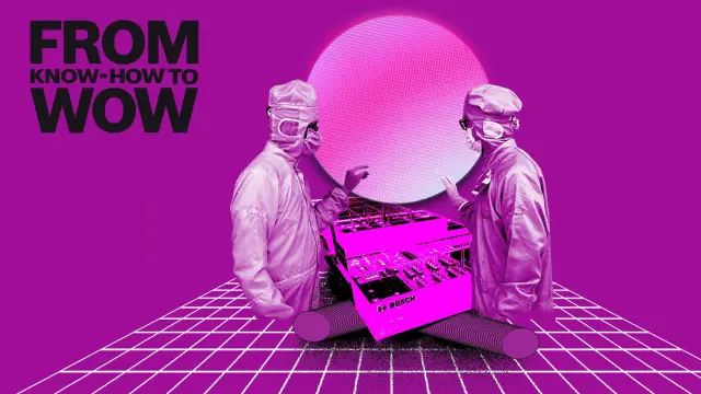 In dieser Collage betrachten Bosch Projektmanager Otto Graf und Software-Architekt Enrico Neuber betrachten einen überdimensionierten 300mm Wafer. Im Vordergrund sieht man ein Foto der neuen Bosch Wafer Fab in Dresden.