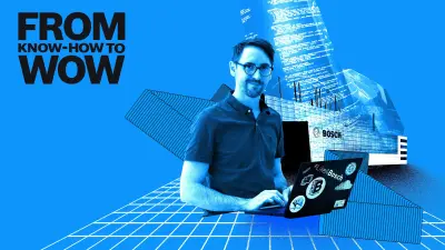 In dieser Collage steht der Bosch Software-Architekt Enrico Neuber mit seinem Laptop im Vordergrund. Im Hintergrund sieht man die neue Bosch-Wafer Fab aus Dresden, umhüllt von KI-Code.