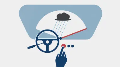 The image shows a graphic on which a car windshield wiper is turned on by a push of a button.