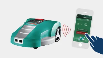 The image shows a graphic, on which the Bosch Indego Connect robotic lawnmower is controlled by a smartphone.