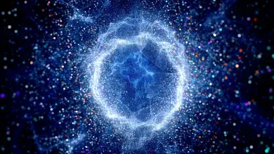 A symbolic image showing several particles flying towards a flashing cloud in the center. The image represents the interactions of the elementary particles in an abstract way.