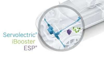 Die Grafik zeigt ein durchsichtiges Auto, in dem man die Positionen von Servolectric®, iBooster und ESP® sehen kann.