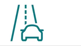 Simple icon of a car centered on a road lane with dashed center line