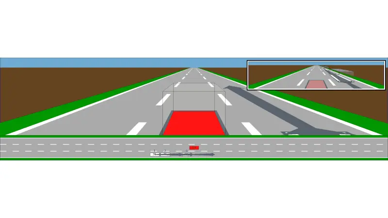 An animation of a driving scenario leading to an accident, discovered through model checking the behavior planner.