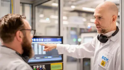 Person in lab coat pointing at a data screen in a production environment.
