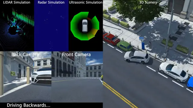The image contains of different screenshots of a simulation software. It shows a parking car from different angles.