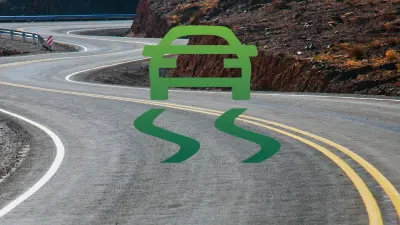 Curvy road in the mountains with ESP® icon in green.