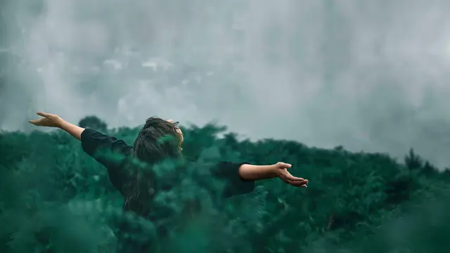 A person standing in front of a wall of fog amongst head-high plants with their arms extended. 