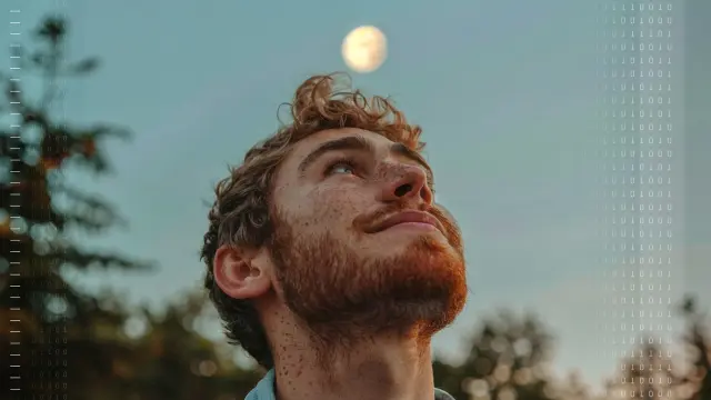 Ein Mann schaut nach oben in den Nachthimmel, im Hintergrund ist der Mond zu sehen.