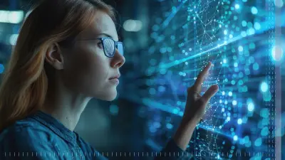 Frau mit Brille analysiert digitale Datenstrukturen, die sich auf einer leuchtenden Wand befinden.