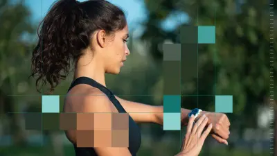 A woman jogging looks at her smartwatch. Parts of the image are overlaid with colorful pixel blocks.