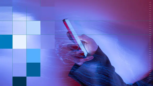 A hand reaches into a glowing, futuristic light field. Parts of the image are overlaid with colorful pixel blocks.