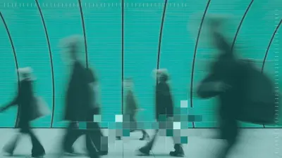 People walk through a modern indoor walkway. Parts of the scene are overlaid with colorful pixel blocks.