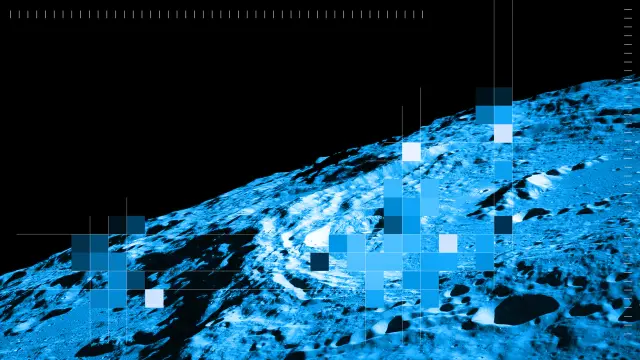 A lunar landscape with scattered rocks is shown. Parts of the surface are overlaid with colorful pixel blocks.