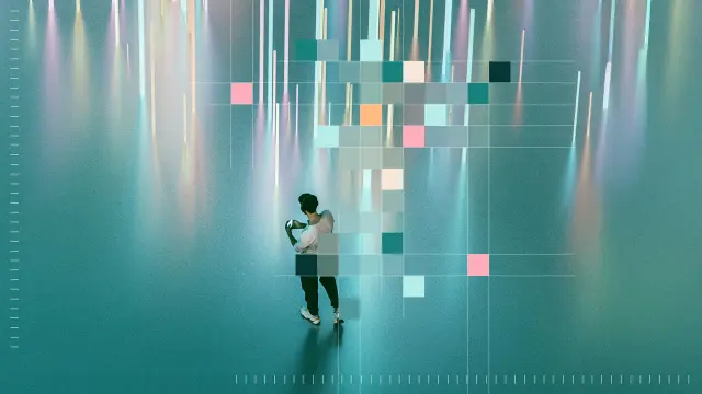 Eine Person steht in einer futuristischen Lichtumgebung. Teile des Bildes sind von farbigen Pixelblöcken überlagert.