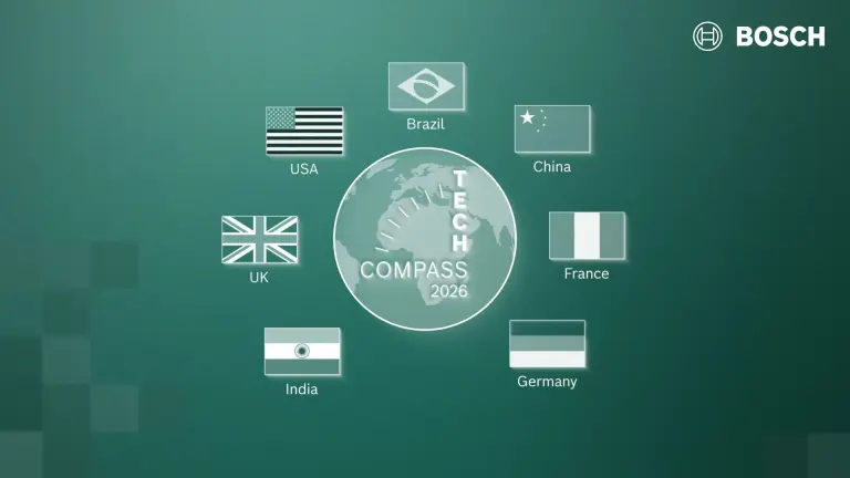 Text "Tech Compass 2026" and a world map with flags of the USA, Brazil, China, UK, France, Germany and India. 