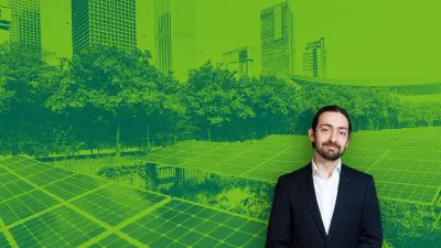 Chris Adams, the organizer of ClimateAction.tech, against a green background.