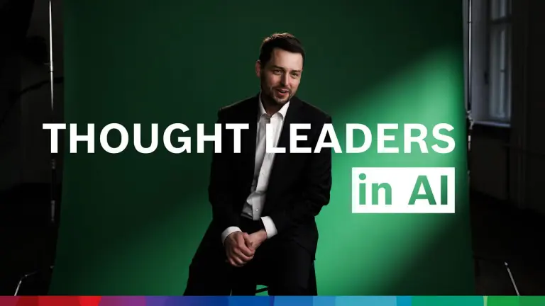 Zico Kolter sitzt auf einem Stuhl und spricht in die Kamera, vor ihr der Schriftzug „Thought Leader in AI“.