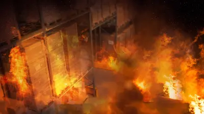 Regale einer Lagerhalle stehen in Flammen.
