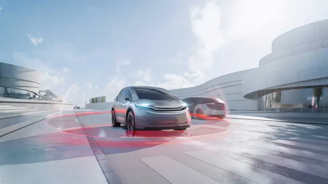 A car drives in a rendered, bright environment.