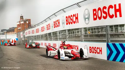 Formula E Gen2 racing cars with Bosch branding.