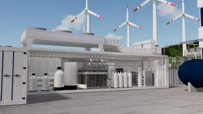 Integration von Hybrion PEM-Elektrolyse-Stacks in eine Containerlösung, die mit erneuerbarer Energie aus einem Windpark im Hintergrund betrieben wird.