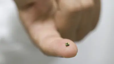 Close-up of a tiny sensor presented on a fingertip.