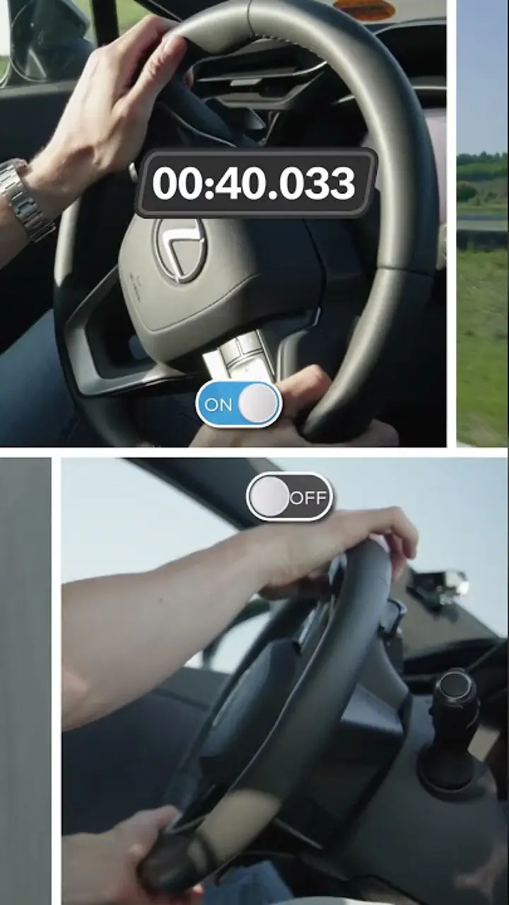 Hände am Lenkrad mit Ein/Aus-Umschalter und eingeblendeter Zeit zur Steuerung eines Fahrassistenten
