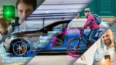 Eine Collage aus vier Fotos zeigt einen Mann, der das Messtechnikgerät Quigo Green von Bosch bedient, ein Fahrzeug, das autonom fährt, eine Frau auf einem Fahrrad und einen Mann, der die Temperatur in seinem Zuhause via Smartphone steuert.