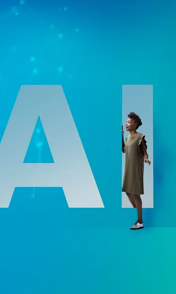Eine Frau geht durch die Buchstaben "AI"