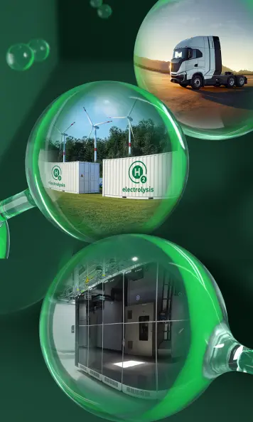 Verschiedene Wasserstoffanwendungen sind in Molekülen zu sehen. Dazu gehören eine mobile Brennstoffzelle in einem Lastwagen, die Wasserstoff-Elektrolyse und stationäre Brennstoffzellen.