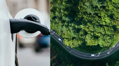 Split-screen photo: on the left is a plugged-in charging cable for electric cars, on the right you can see a street in bird’s eye view