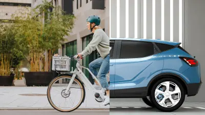 Split-screen photo: on the left there is an eBike driver, on the right a car