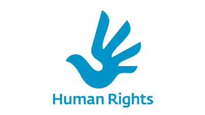 Representation of a blue hand on a white background; the lettering "Human rights" can be found under the hand.