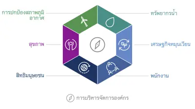 แผนภาพเป้าหมายของ Bosch ด้านความยั่งยืน ภาพเป้าหมายทั้งหกมิติจัดเรียงในรูปทรงหกเหลี่ยม ซึ่งประกอบด้วย: การปกป้องสภาพภูมิอากาศ ทรัพยากรน้ำ เศรษฐกิจหมุนเวียน พนักงาน สิทธิมนุษยชน และสุขภาพ